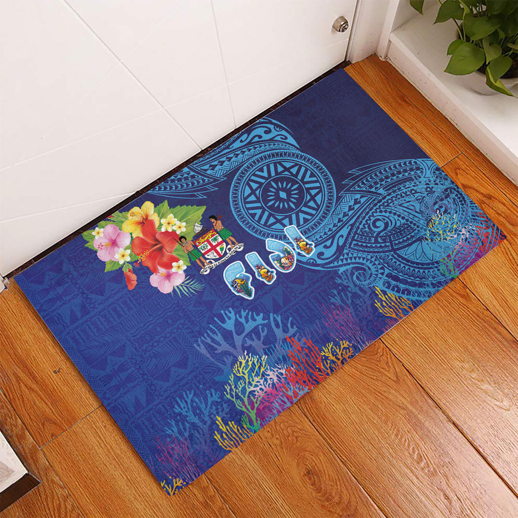 Fiji Day Rubber Doormat Coral Reef with Tapa Motifs and Hibiscus Ocean Vibe LT03 - Polynesian Pride