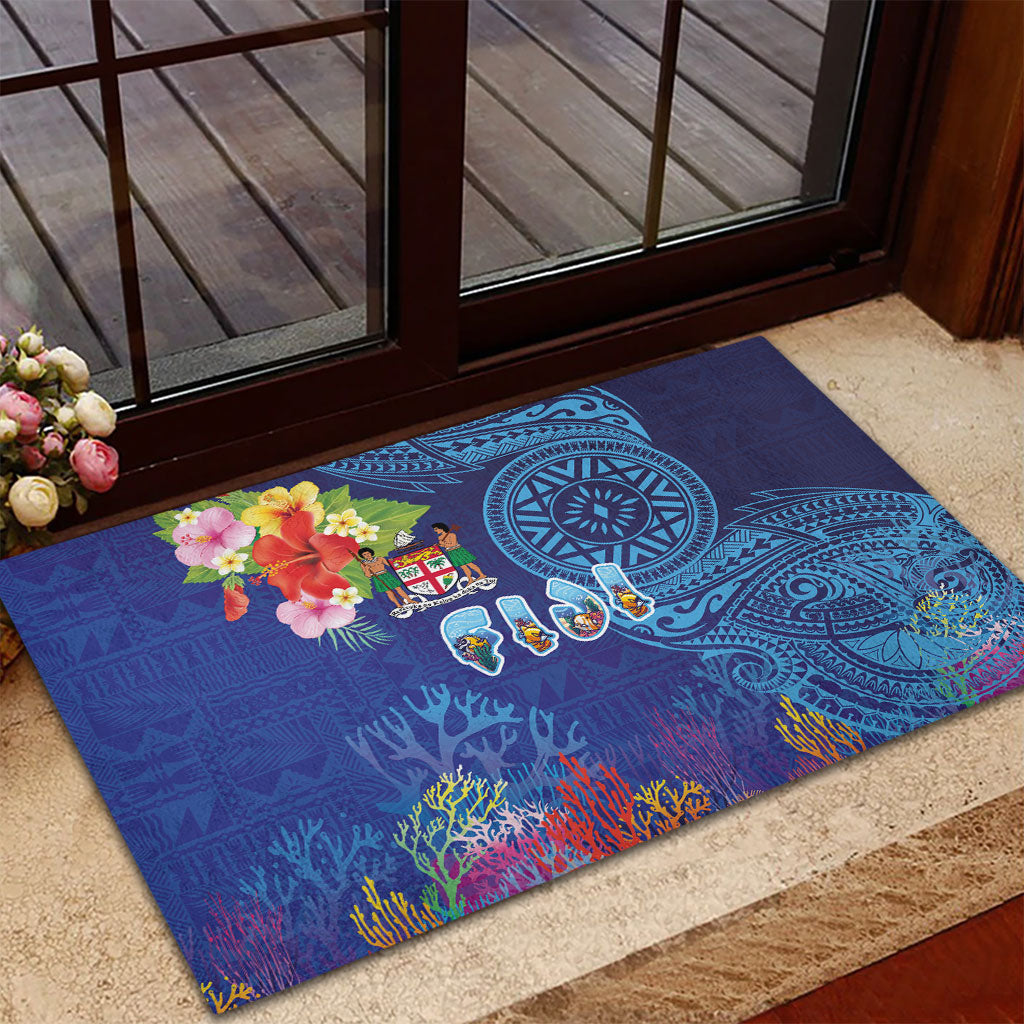 Fiji Day Rubber Doormat Coral Reef with Tapa Motifs and Hibiscus Ocean Vibe LT03 - Polynesian Pride