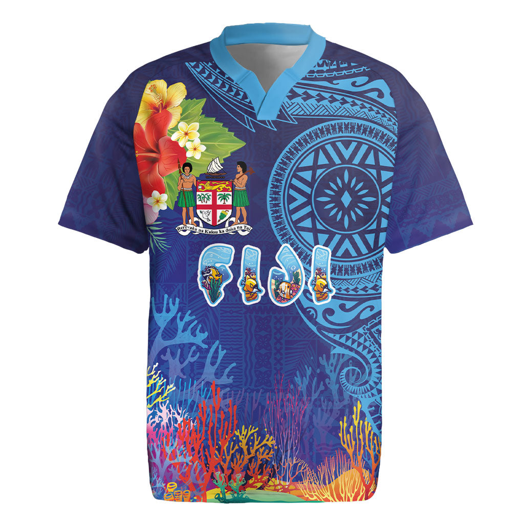 Fiji Day Rugby Jersey Coral Reef with Tapa Motifs and Hibiscus Ocean Vibe LT03 Blue - Polynesian Pride