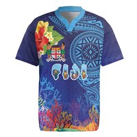 Fiji Day Rugby Jersey Coral Reef with Tapa Motifs and Hibiscus Ocean Vibe LT03 Blue - Polynesian Pride