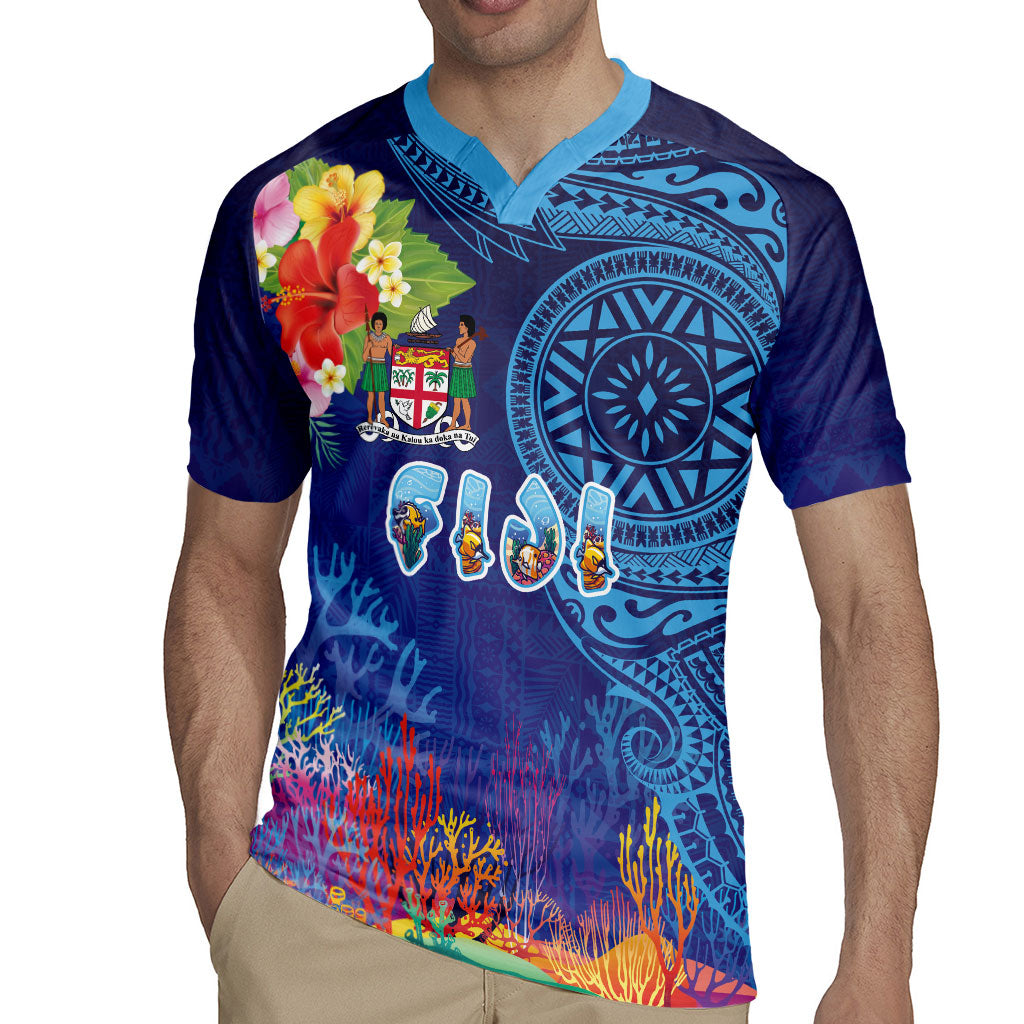 Fiji Day Rugby Jersey Coral Reef with Tapa Motifs and Hibiscus Ocean Vibe LT03 - Polynesian Pride