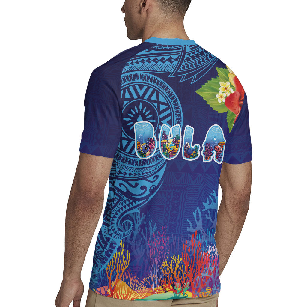 Fiji Day Rugby Jersey Coral Reef with Tapa Motifs and Hibiscus Ocean Vibe LT03 - Polynesian Pride
