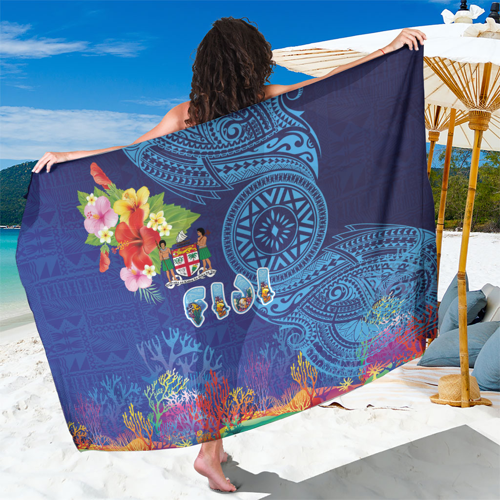 Fiji Day Sarong Coral Reef with Tapa Motifs and Hibiscus Ocean Vibe LT03 One Size 44 x 66 inches Blue - Polynesian Pride