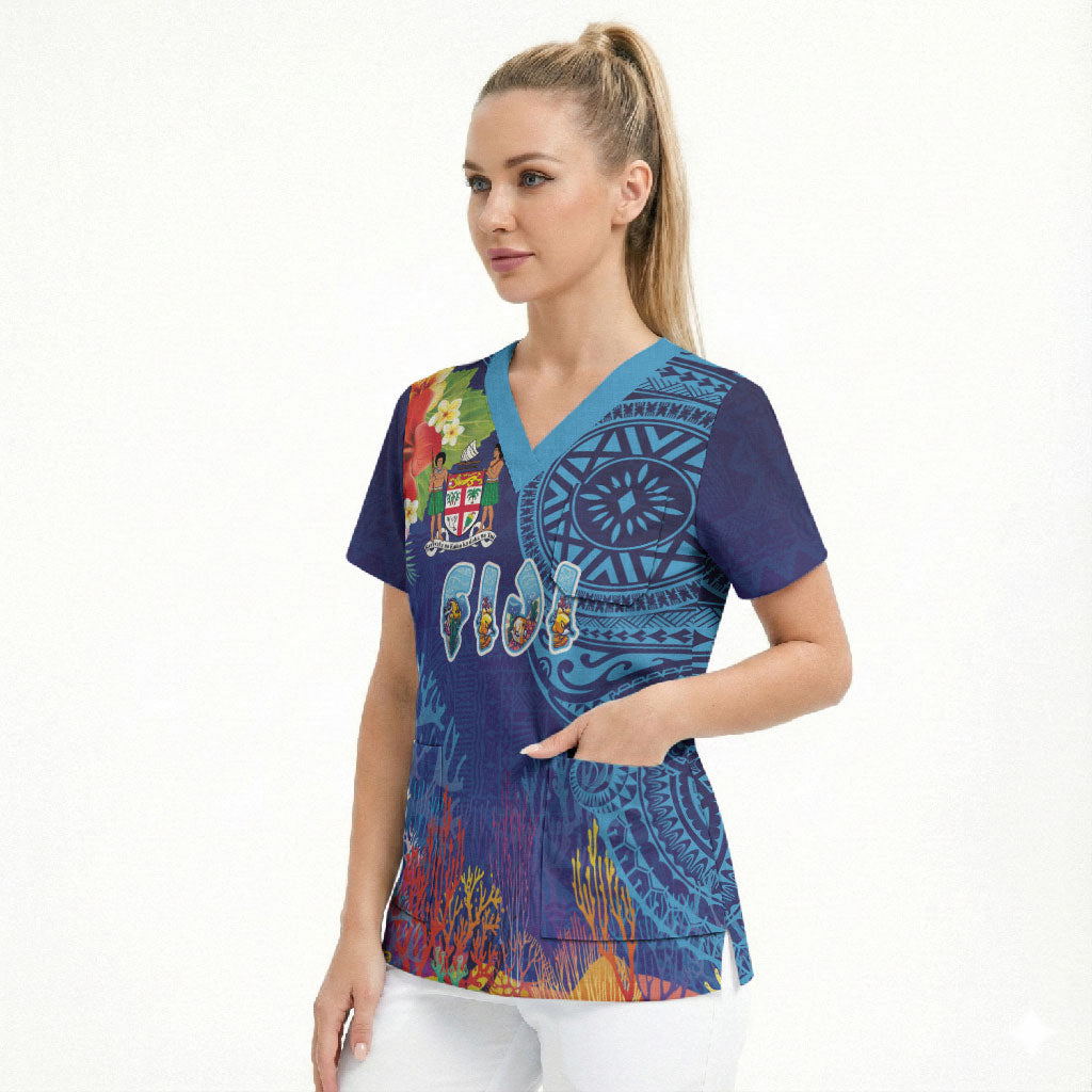 Fiji Day Scrub Top Coral Reef with Tapa Motifs and Hibiscus Ocean Vibe LT03 - Polynesian Pride
