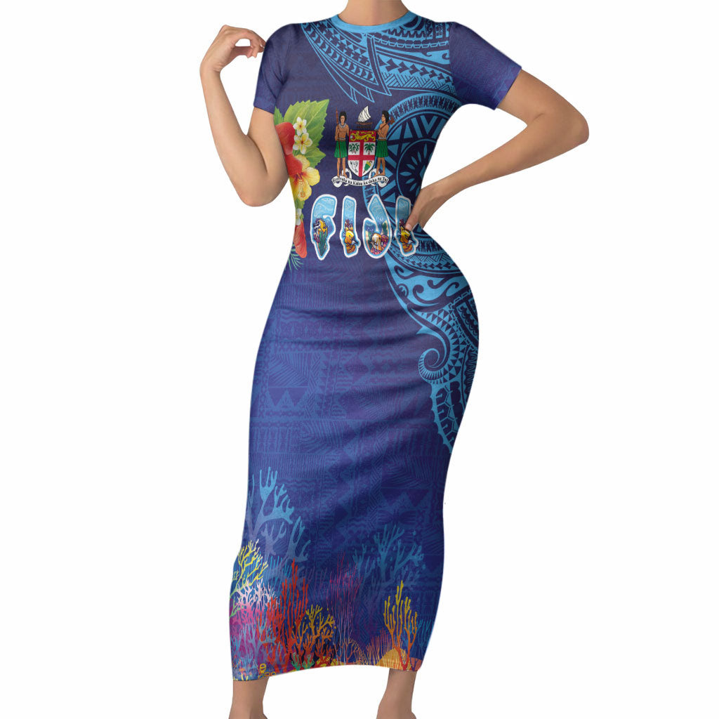 Fiji Day Short Sleeve Bodycon Dress Coral Reef with Tapa Motifs and Hibiscus Ocean Vibe LT03 Long Dress Blue - Polynesian Pride