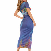 Fiji Day Short Sleeve Bodycon Dress Coral Reef with Tapa Motifs and Hibiscus Ocean Vibe LT03 - Polynesian Pride