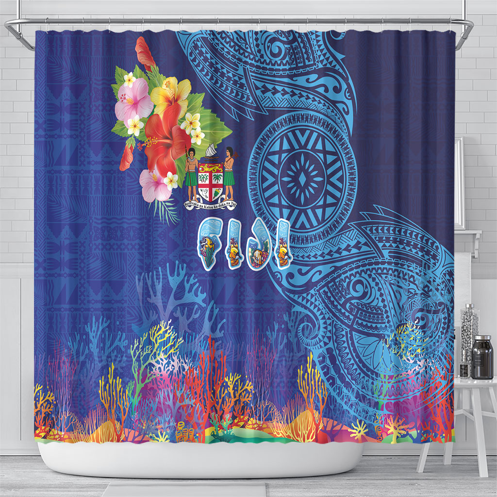 Fiji Day Shower Curtain Coral Reef with Tapa Motifs and Hibiscus Ocean Vibe LT03 - Polynesian Pride