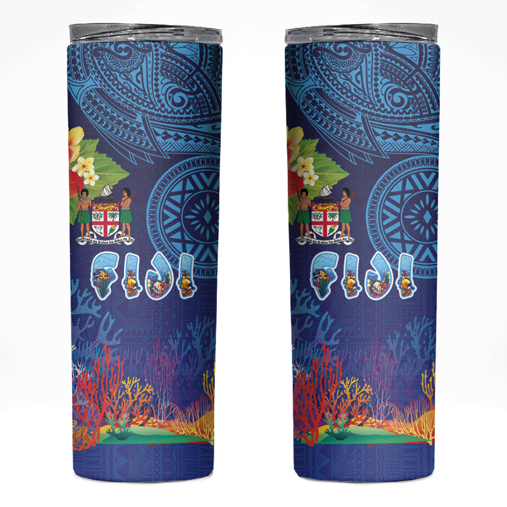 Fiji Day Skinny Tumbler Coral Reef with Tapa Motifs and Hibiscus Ocean Vibe LT03 Blue - Polynesian Pride