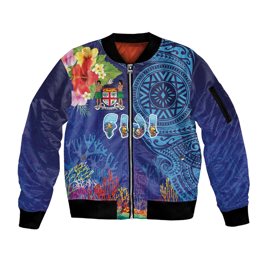 Fiji Day Sleeve Zip Bomber Jacket Coral Reef with Tapa Motifs and Hibiscus Ocean Vibe LT03 Unisex Blue - Polynesian Pride