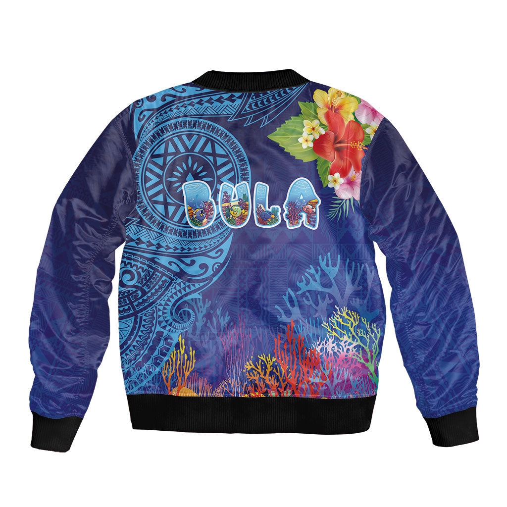 Fiji Day Sleeve Zip Bomber Jacket Coral Reef with Tapa Motifs and Hibiscus Ocean Vibe LT03 - Polynesian Pride
