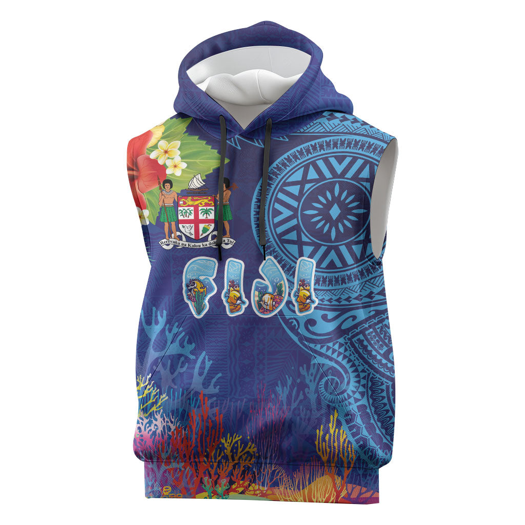 Fiji Day Sleeveless Hoodie Coral Reef with Tapa Motifs and Hibiscus Ocean Vibe LT03 Blue - Polynesian Pride