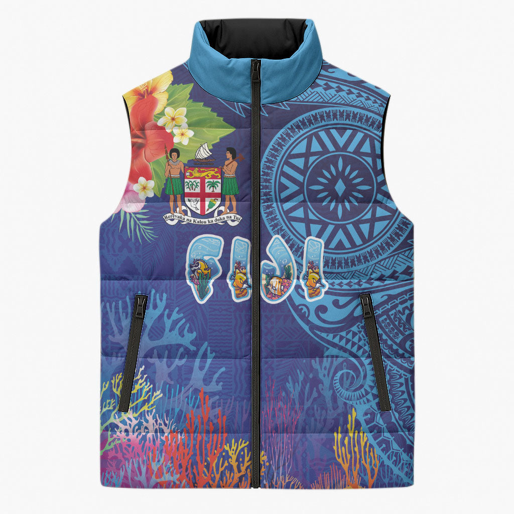 Fiji Day Sleeveless Puffer Jacket Coral Reef with Tapa Motifs and Hibiscus Ocean Vibe LT03 Unisex Blue - Polynesian Pride