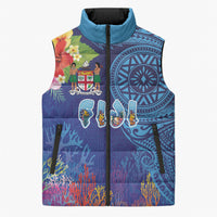 Fiji Day Sleeveless Puffer Jacket Coral Reef with Tapa Motifs and Hibiscus Ocean Vibe LT03 Unisex Blue - Polynesian Pride