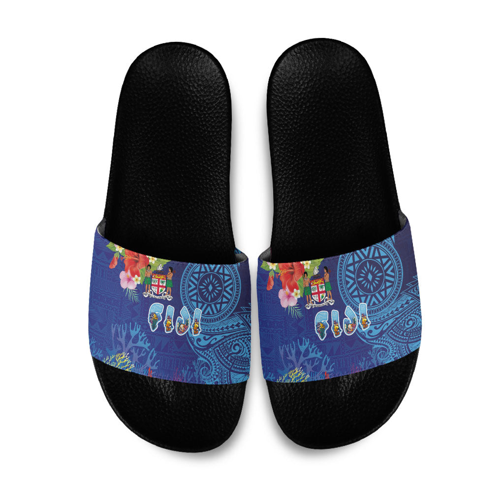 Fiji Day Slide Sandals Coral Reef with Tapa Motifs and Hibiscus Ocean Vibe LT03 Blue - Polynesian Pride