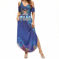 Fiji Day Summer Maxi Dress Coral Reef with Tapa Motifs and Hibiscus Ocean Vibe LT03 Women Blue - Polynesian Pride