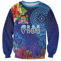 Fiji Day Sweatshirt Coral Reef with Tapa Motifs and Hibiscus Ocean Vibe LT03 Unisex Blue - Polynesian Pride