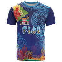 Fiji Day T Shirt Coral Reef with Tapa Motifs and Hibiscus Ocean Vibe LT03 Blue - Polynesian Pride