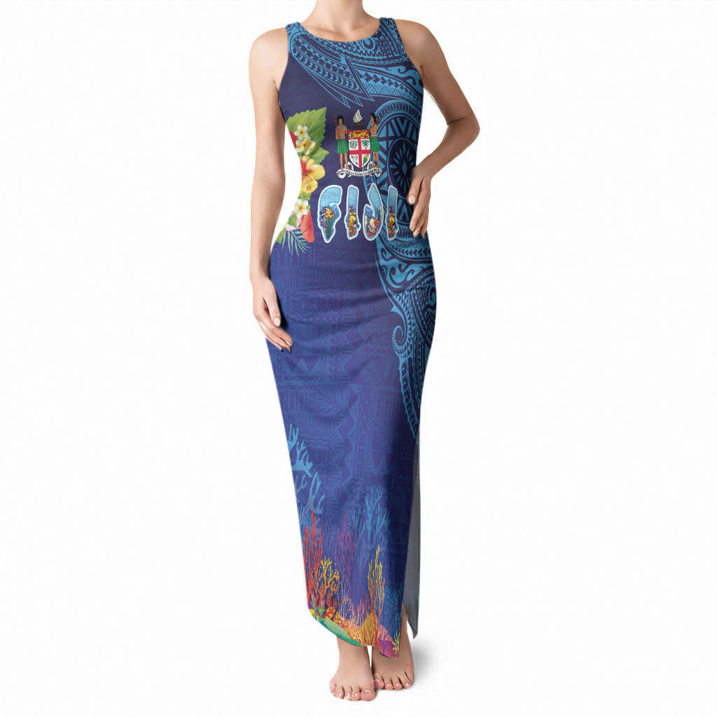 Fiji Day Tank Maxi Dress Coral Reef with Tapa Motifs and Hibiscus Ocean Vibe LT03 Women Blue - Polynesian Pride