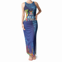 Fiji Day Tank Maxi Dress Coral Reef with Tapa Motifs and Hibiscus Ocean Vibe LT03 Women Blue - Polynesian Pride