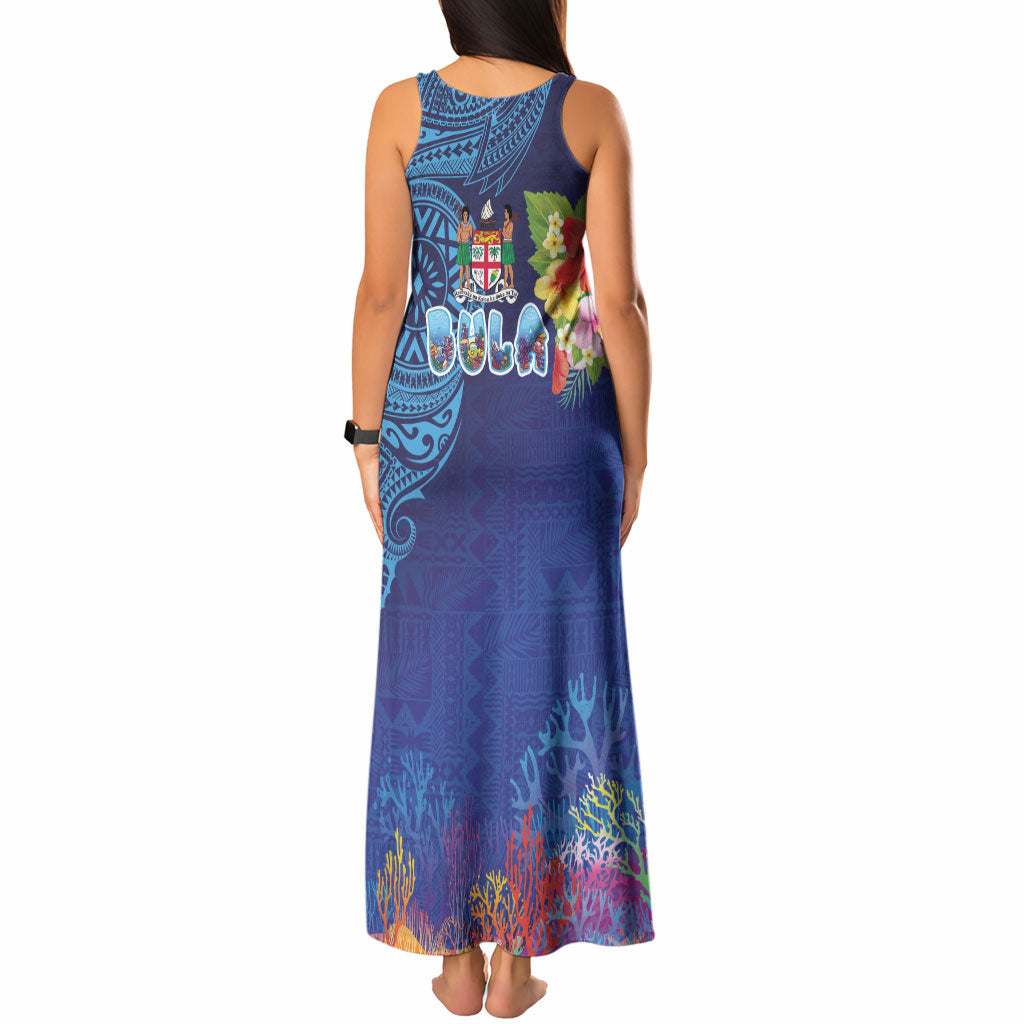 Fiji Day Tank Maxi Dress Coral Reef with Tapa Motifs and Hibiscus Ocean Vibe LT03 - Polynesian Pride