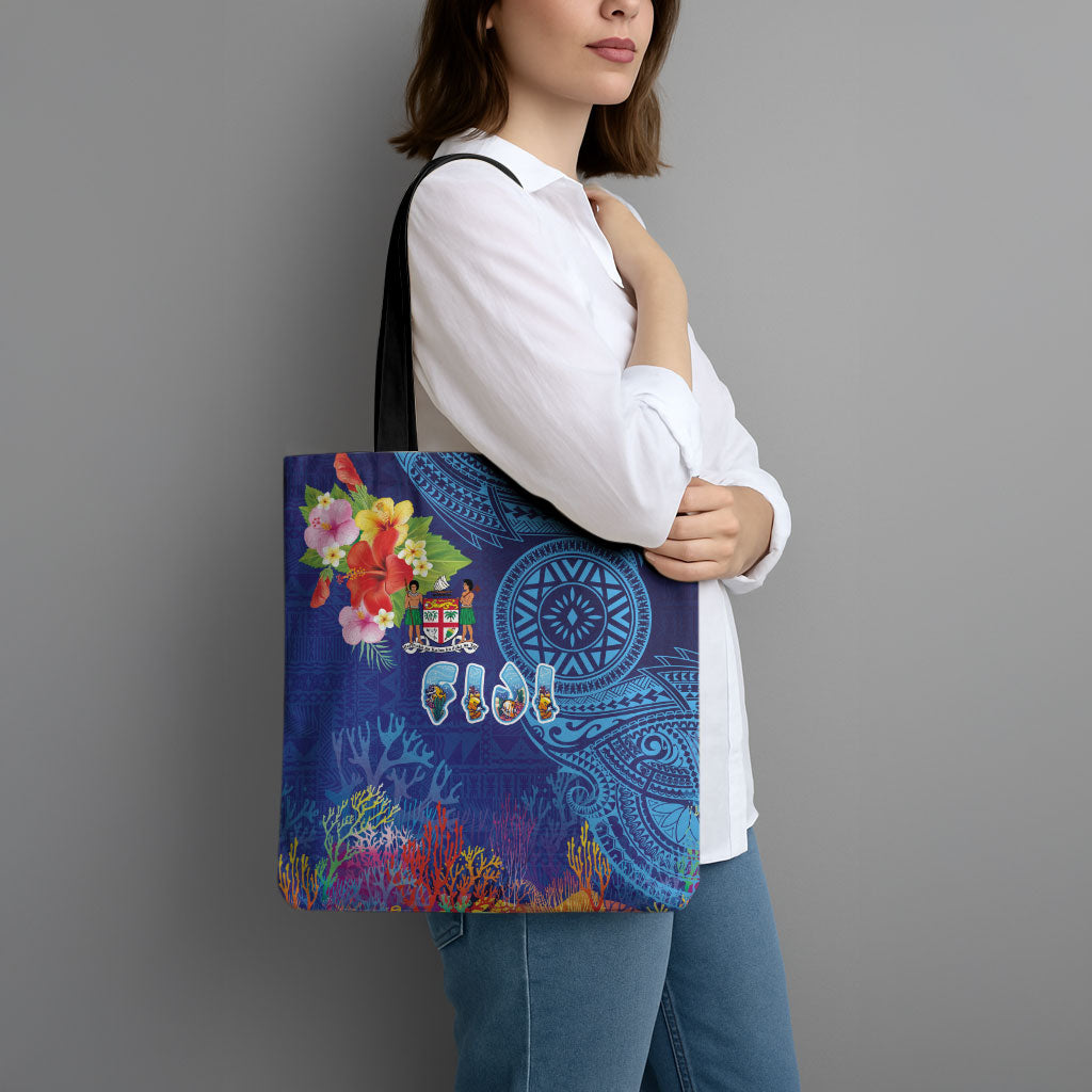 Fiji Day Tote Bag Coral Reef with Tapa Motifs and Hibiscus Ocean Vibe LT03 - Polynesian Pride