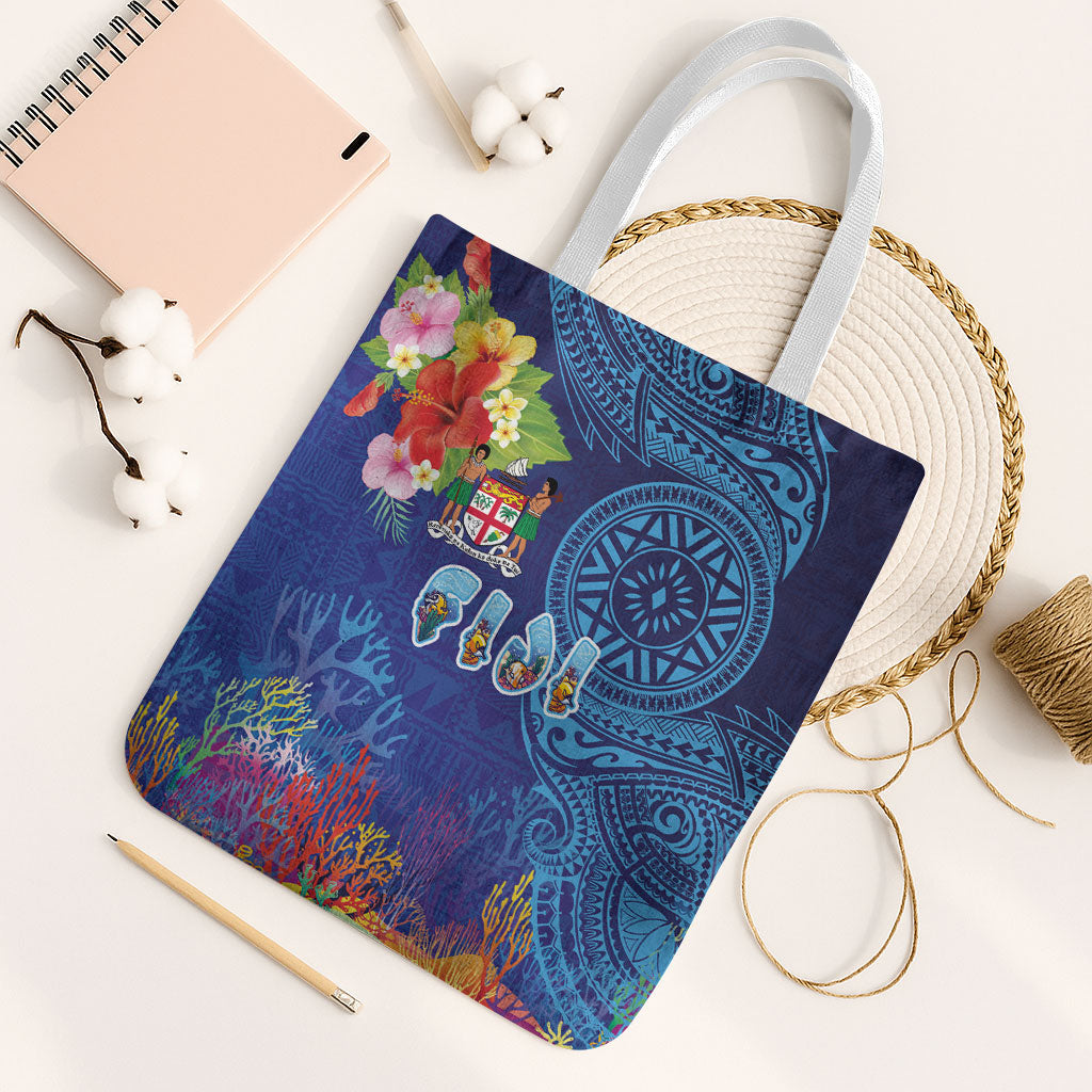 Fiji Day Tote Bag Coral Reef with Tapa Motifs and Hibiscus Ocean Vibe LT03 White Strap One Size Blue - Polynesian Pride