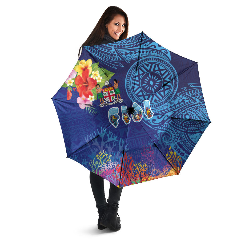 Fiji Day Umbrella Coral Reef with Tapa Motifs and Hibiscus Ocean Vibe LT03 - Polynesian Pride