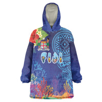 Fiji Day Wearable Blanket Hoodie Coral Reef with Tapa Motifs and Hibiscus Ocean Vibe LT03 One Size Blue - Polynesian Pride