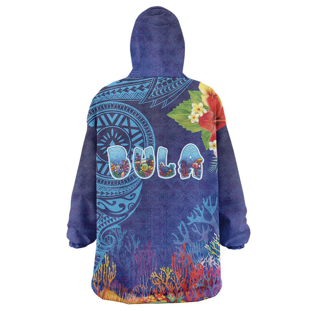 Fiji Day Wearable Blanket Hoodie Coral Reef with Tapa Motifs and Hibiscus Ocean Vibe LT03 - Polynesian Pride