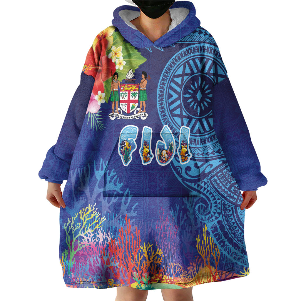 Fiji Day Wearable Blanket Hoodie Coral Reef with Tapa Motifs and Hibiscus Ocean Vibe LT03 - Polynesian Pride