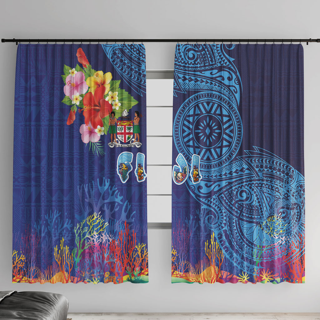 Fiji Day Window Curtain Coral Reef with Tapa Motifs and Hibiscus Ocean Vibe LT03 With Hooks Blue - Polynesian Pride