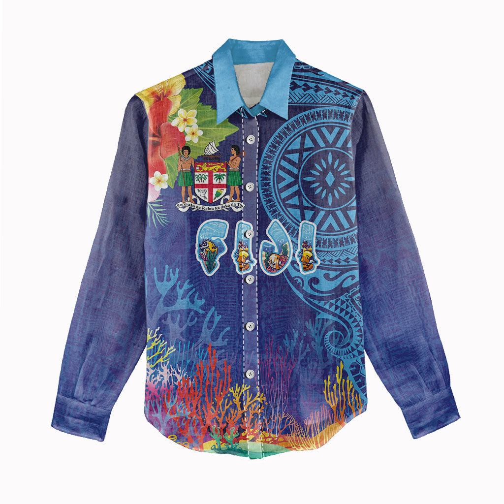 Fiji Day Women Casual Shirt Coral Reef with Tapa Motifs and Hibiscus Ocean Vibe LT03 - Polynesian Pride