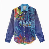 Fiji Day Women Casual Shirt Coral Reef with Tapa Motifs and Hibiscus Ocean Vibe LT03 - Polynesian Pride