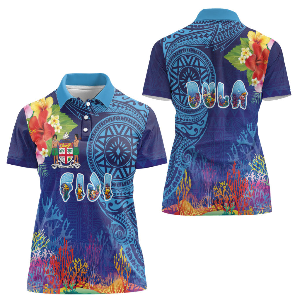 Fiji Day Women Polo Shirt Coral Reef with Tapa Motifs and Hibiscus Ocean Vibe LT03 - Polynesian Pride