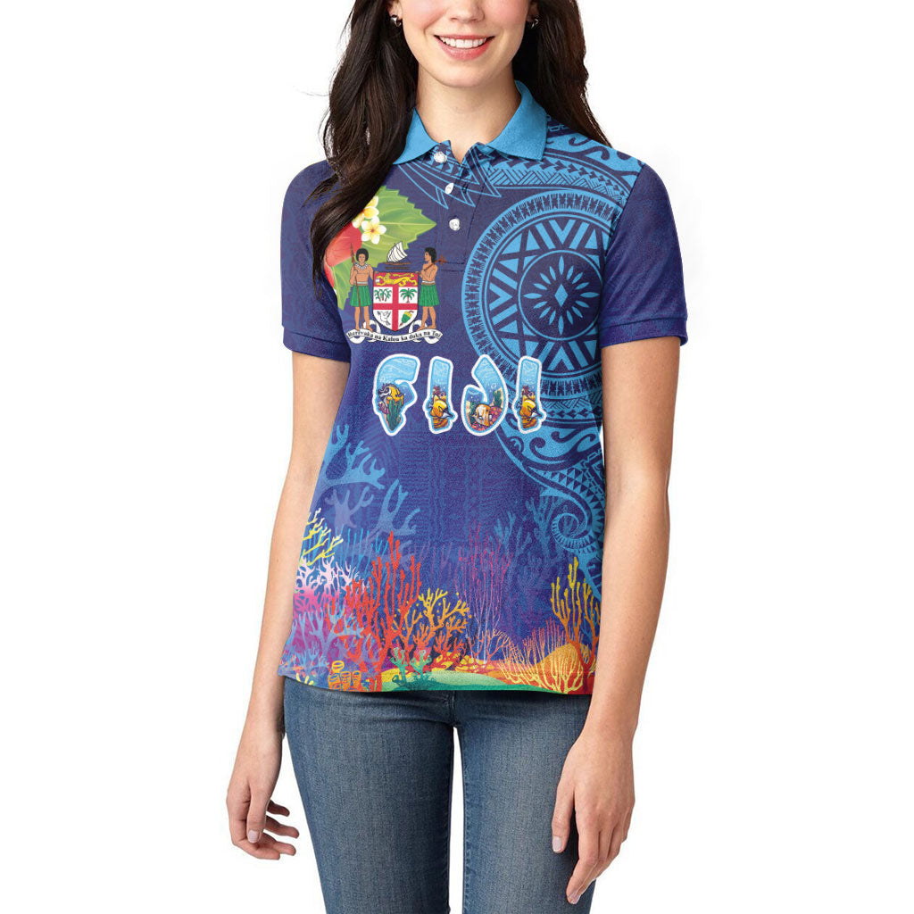 Fiji Day Women Polo Shirt Coral Reef with Tapa Motifs and Hibiscus Ocean Vibe LT03 - Polynesian Pride