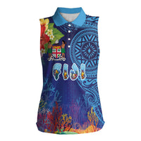 Fiji Day Women Sleeveless Polo Shirt Coral Reef with Tapa Motifs and Hibiscus Ocean Vibe LT03 Female Blue - Polynesian Pride