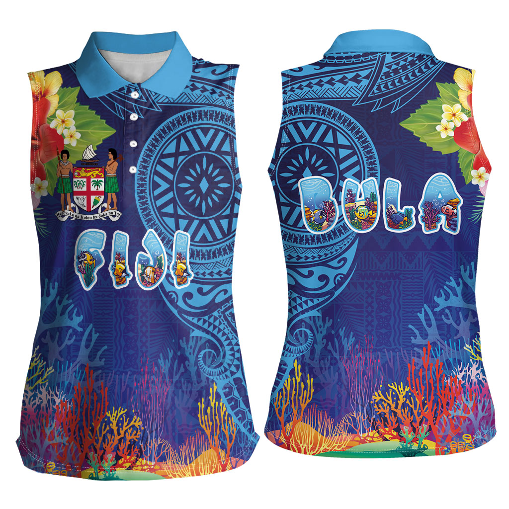 Fiji Day Women Sleeveless Polo Shirt Coral Reef with Tapa Motifs and Hibiscus Ocean Vibe LT03 - Polynesian Pride