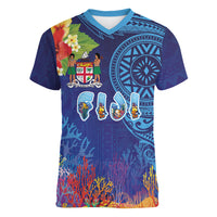 Fiji Day Women V-Neck T-Shirt Coral Reef with Tapa Motifs and Hibiscus Ocean Vibe LT03 Female Blue - Polynesian Pride