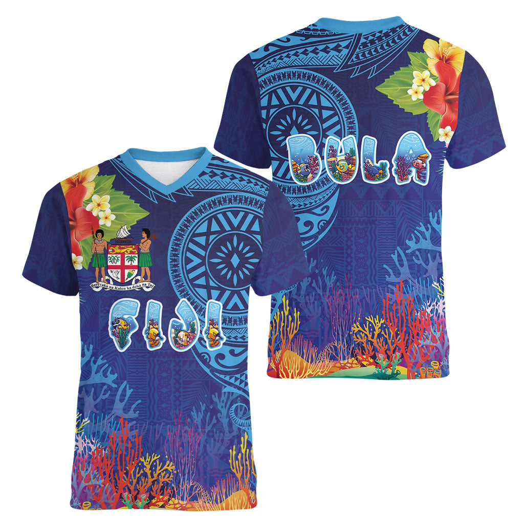 Fiji Day Women V-Neck T-Shirt Coral Reef with Tapa Motifs and Hibiscus Ocean Vibe LT03 - Polynesian Pride