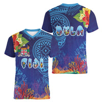 Fiji Day Women V-Neck T-Shirt Coral Reef with Tapa Motifs and Hibiscus Ocean Vibe LT03 - Polynesian Pride