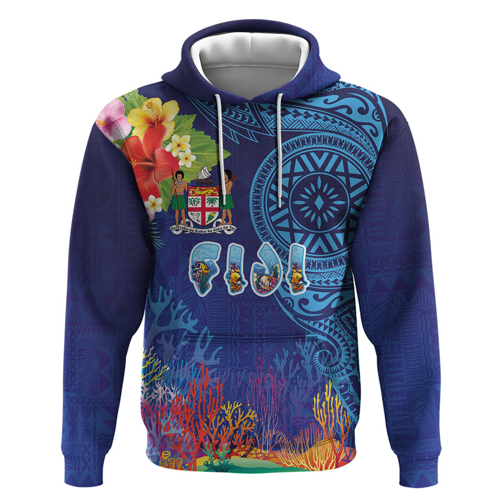 Fiji Day Zip Hoodie Coral Reef with Tapa Motifs and Hibiscus Ocean Vibe LT03 Pullover Hoodie Blue - Polynesian Pride