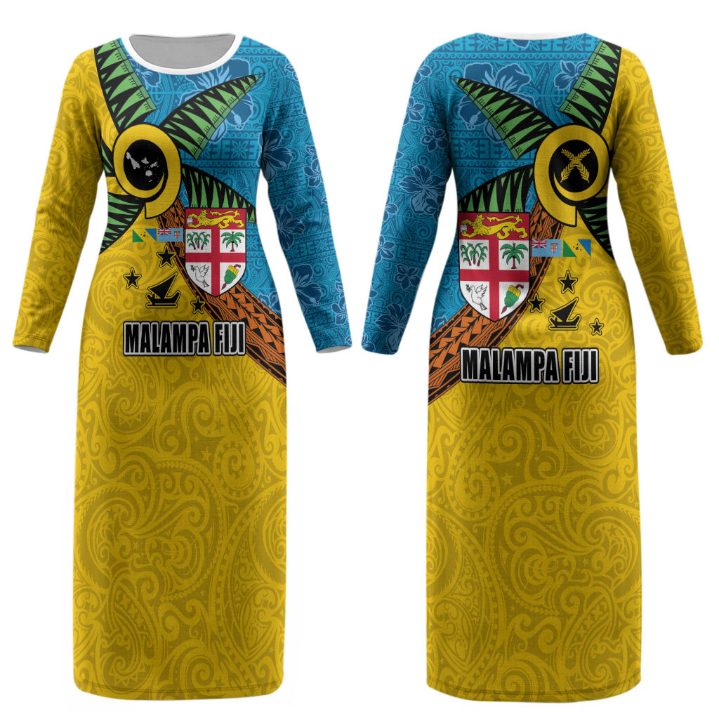 Malampa Fiji Day Couples Matching Long Sleeve Bodycon Dress and Hawaiian Shirt Tapa and Melanesian Patterns with Coat of Arms LT03 - Polynesian Pride