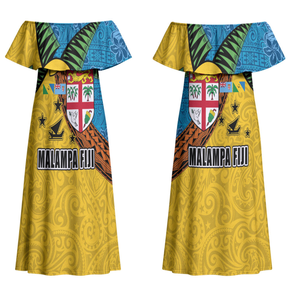 Malampa Fiji Day Couples Matching Off Shoulder Maxi Dress and Hawaiian Shirt Tapa and Melanesian Patterns with Coat of Arms LT03 - Polynesian Pride