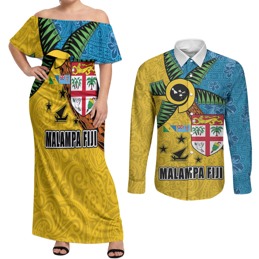 Malampa Fiji Day Couples Matching Off Shoulder Maxi Dress and Long Sleeve Button Shirt Tapa and Melanesian Patterns with Coat of Arms LT03 Multicolor - Polynesian Pride