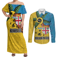 Malampa Fiji Day Couples Matching Off Shoulder Maxi Dress and Long Sleeve Button Shirt Tapa and Melanesian Patterns with Coat of Arms LT03 Multicolor - Polynesian Pride