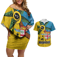 Malampa Fiji Day Couples Matching Off Shoulder Short Dress and Hawaiian Shirt Tapa and Melanesian Patterns with Coat of Arms LT03 Multicolor - Polynesian Pride