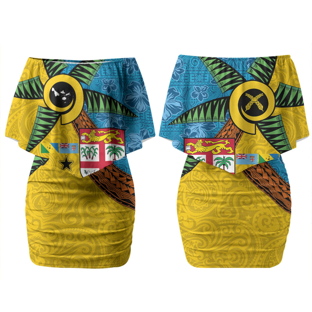 Malampa Fiji Day Couples Matching Off Shoulder Short Dress and Long Sleeve Button Shirt Tapa and Melanesian Patterns with Coat of Arms LT03 - Polynesian Pride