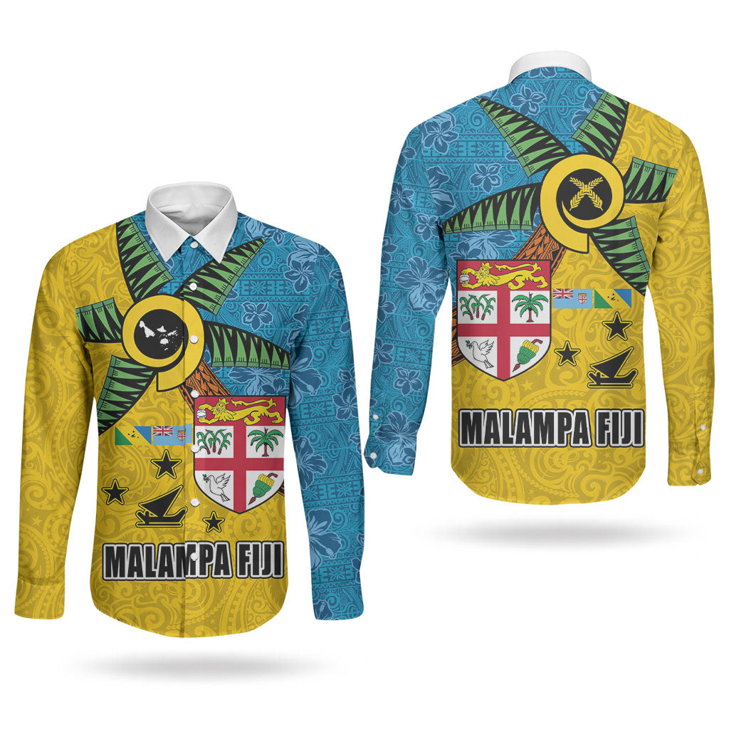 Malampa Fiji Day Couples Matching Off The Shoulder Long Sleeve Dress and Long Sleeve Button Shirt Tapa and Melanesian Patterns with Coat of Arms LT03 - Polynesian Pride