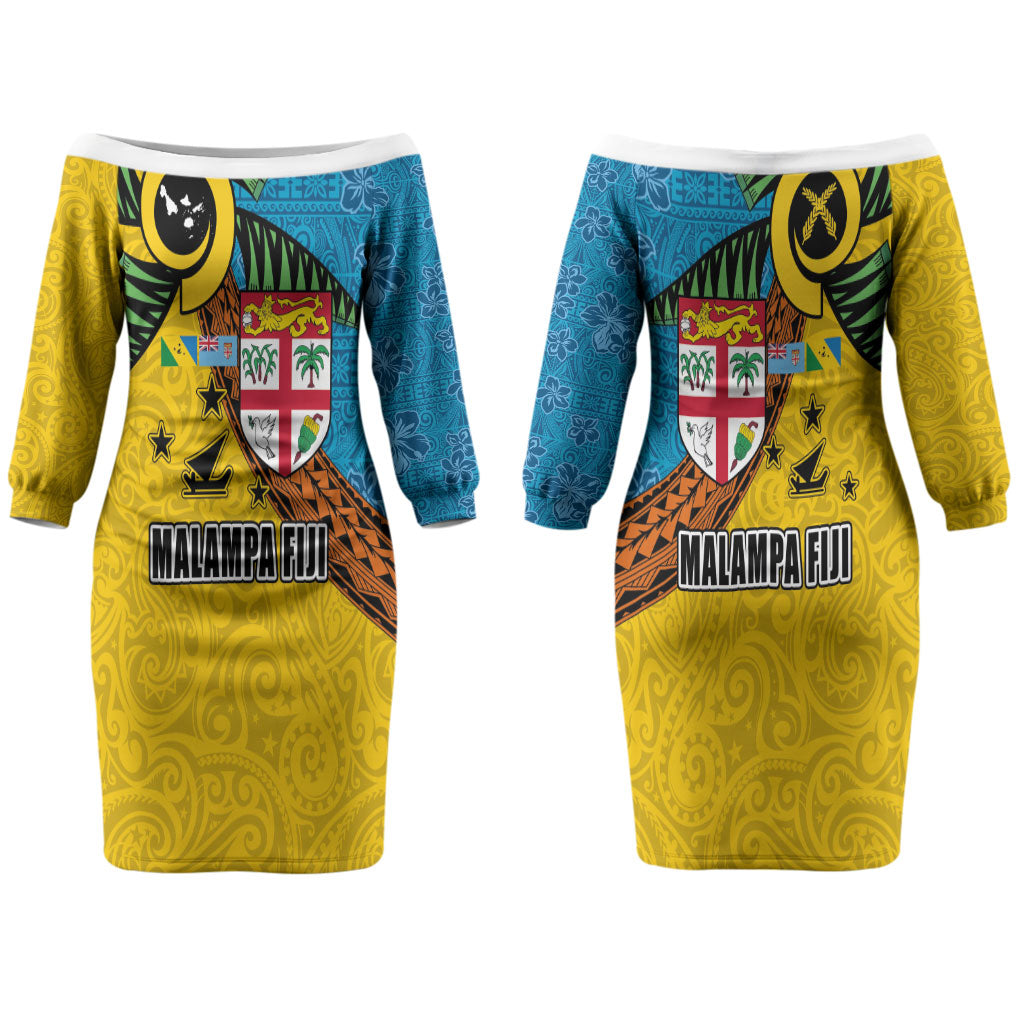 Malampa Fiji Day Couples Matching Off The Shoulder Long Sleeve Dress and Long Sleeve Button Shirt Tapa and Melanesian Patterns with Coat of Arms LT03 - Polynesian Pride