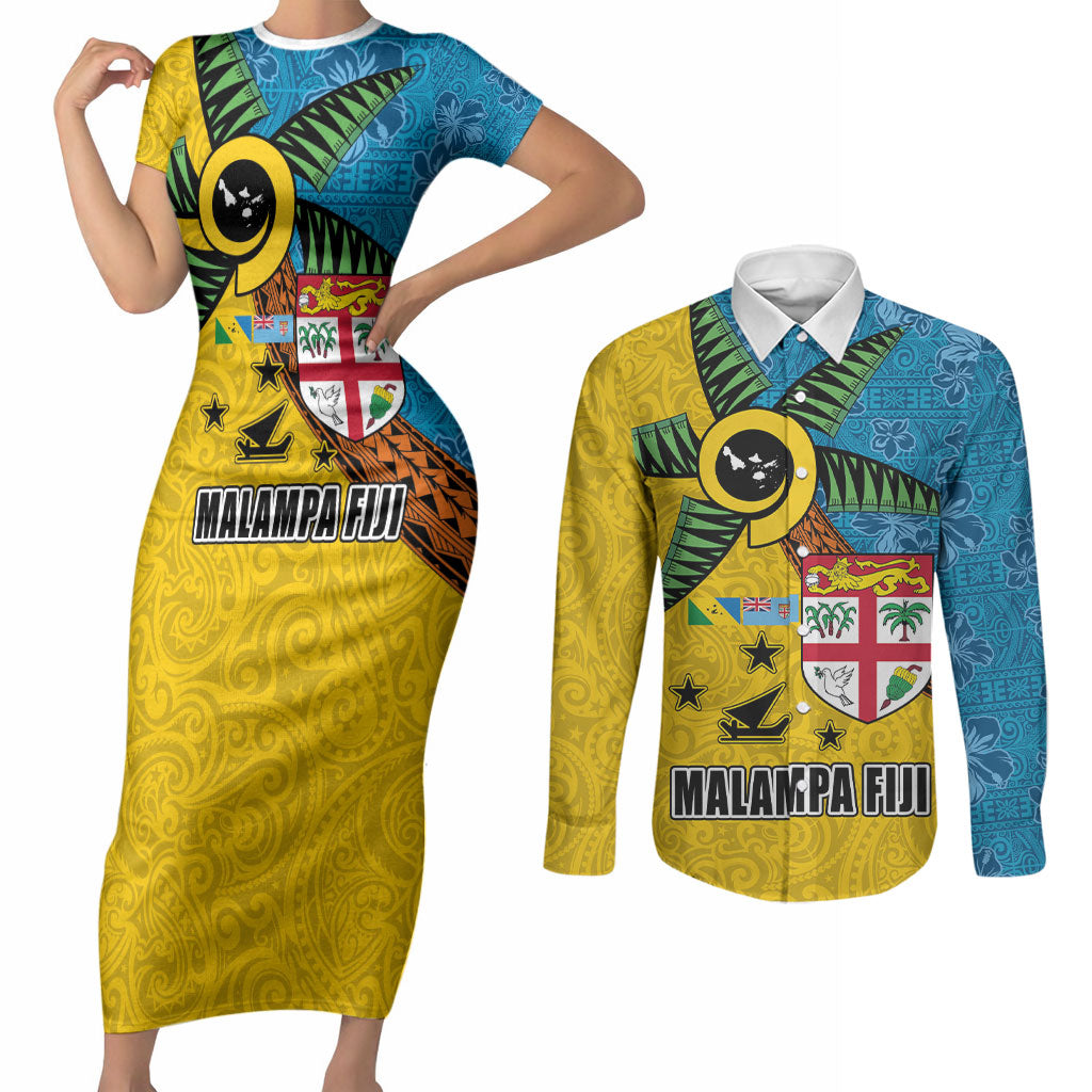 Malampa Fiji Day Couples Matching Short Sleeve Bodycon Dress and Long Sleeve Button Shirt Tapa and Melanesian Patterns with Coat of Arms LT03 Multicolor - Polynesian Pride